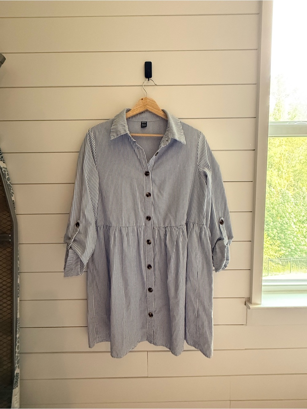 Blue White Striped Button Front Shirt Dress Size L